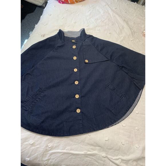 CHICO'S Elise Denim Cape Funnel Stand-Up Collar Button Closure OS - Picture 8 of 10
